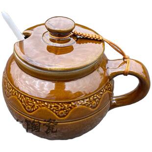 家用陶瓷调味罐老式盐罐油罐带把手耐高温猪油罐带盖小号1斤2斤装