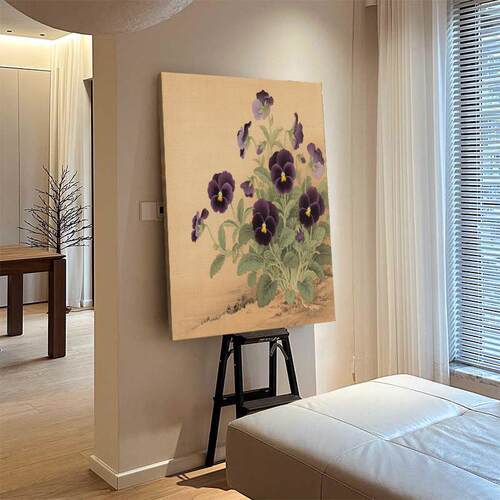 中古风抽象紫色花卉装饰画客厅玄关复古植物手绘油画法式牡丹挂画