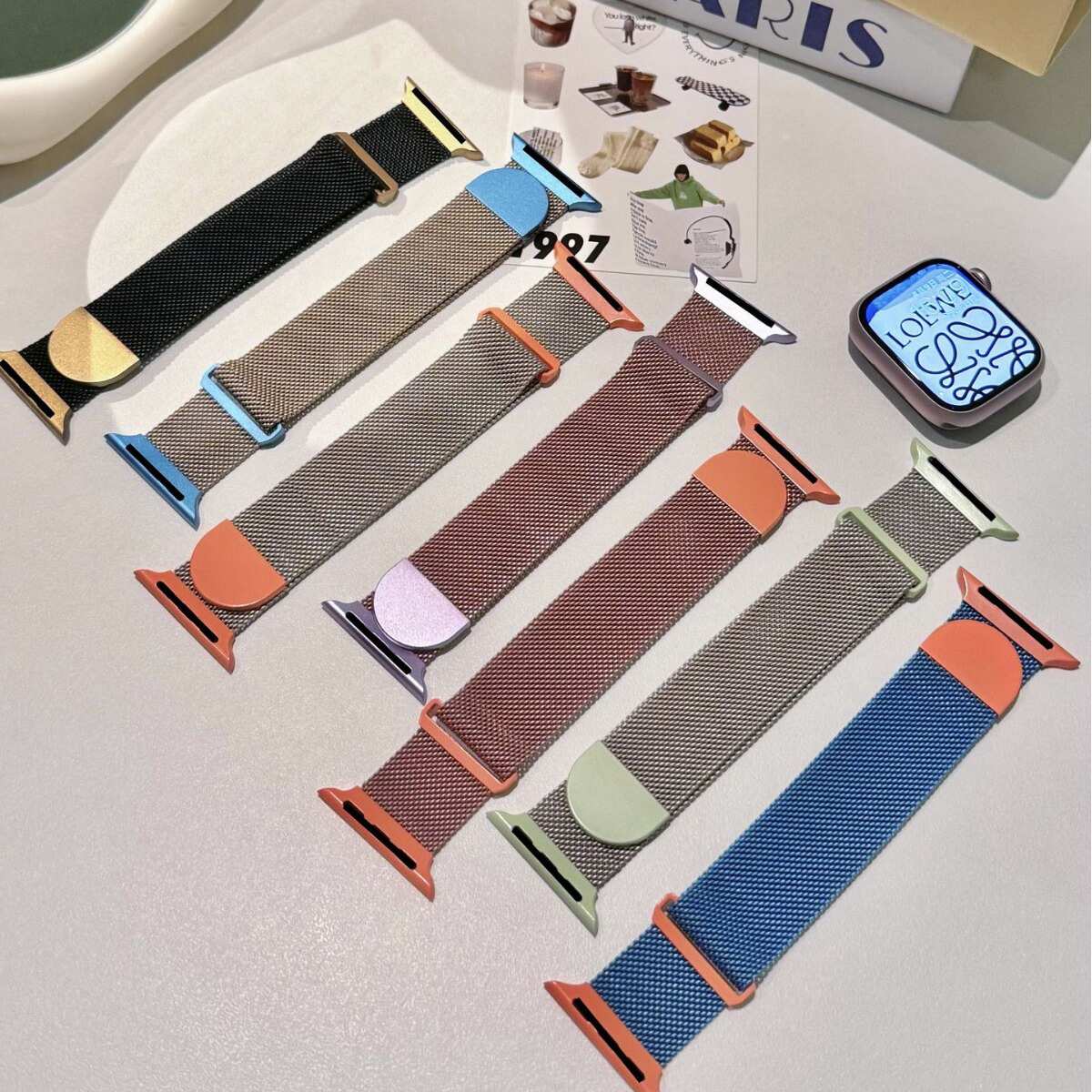 双色圆尾金属磁吸米兰表带适用applewatch苹果手表iwatch98代765