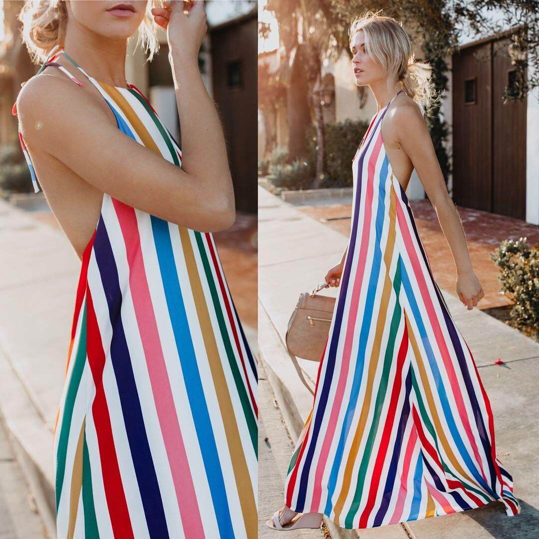 Rainbow Striped Backless Beach Dress Bikini Cover Up Tunics
