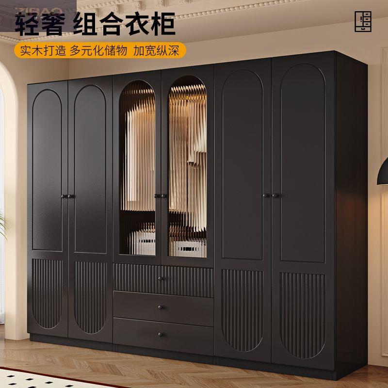 梓宝黑色实木衣柜中古风家用卧室收纳柜靠墙柜储物柜小户型大容量