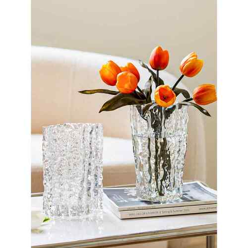 冰川玻璃花瓶透明插花水养鲜花创意北欧简约客厅扁花瓶摆件高级感