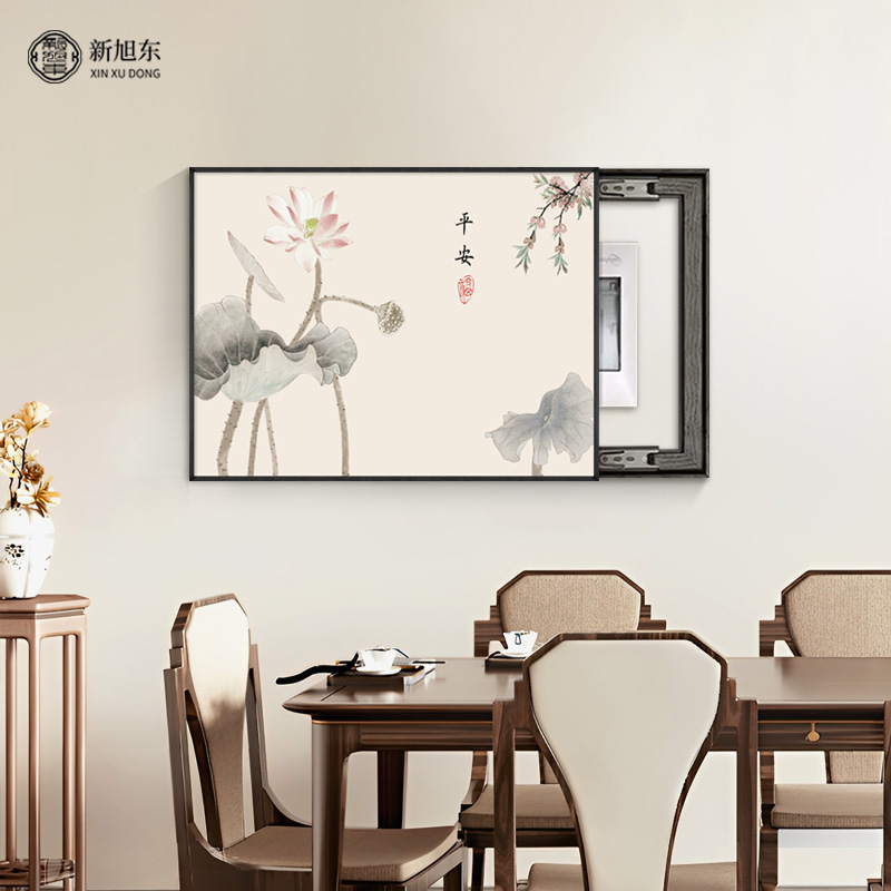 新中式电表箱装饰画2025新款免打孔遮挡配电箱推拉挂画定制餐厅画