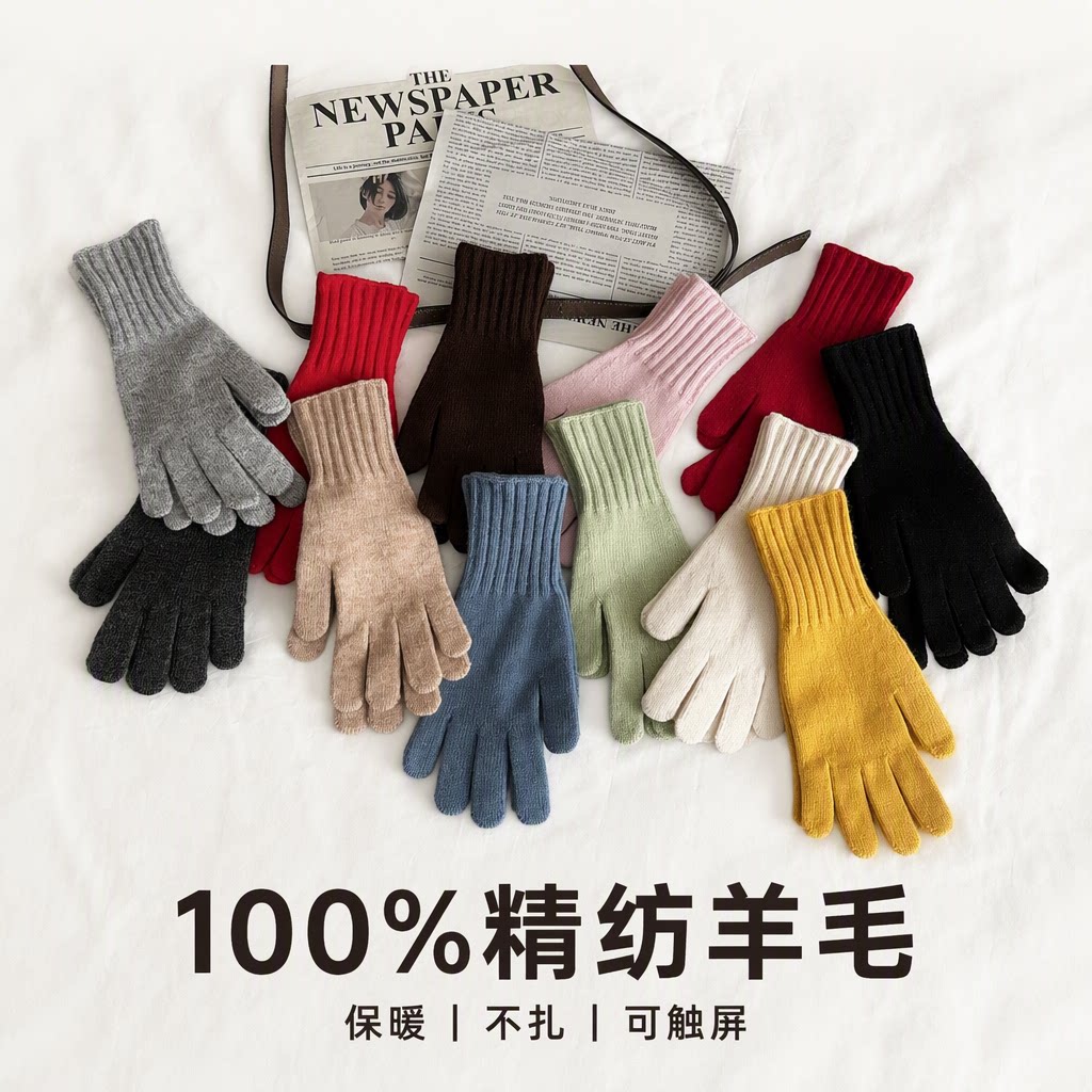 100%精纺羊毛手套保暖冬季骑行可触屏女长款针织不扎亲肤罗纹袖口