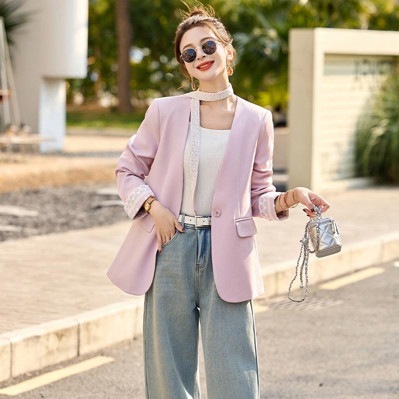 2025春季高质级CY8116-0感v领蕾丝Y边拼接带飘带气休闲小1西装外