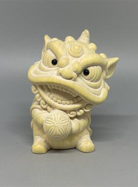黄杨木雕刻吉祥舞狮小摆件瑞兽神兽国风招财抱球醒狮木质工艺礼品