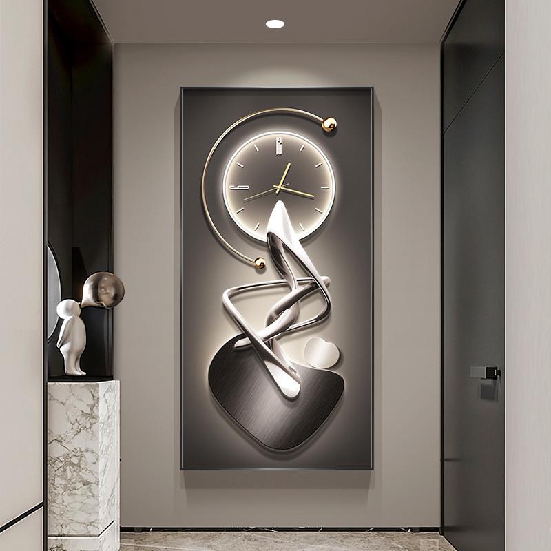 现代简约玄关装饰画带时钟表led灯进门入户挂画轻奢走廊过道壁画