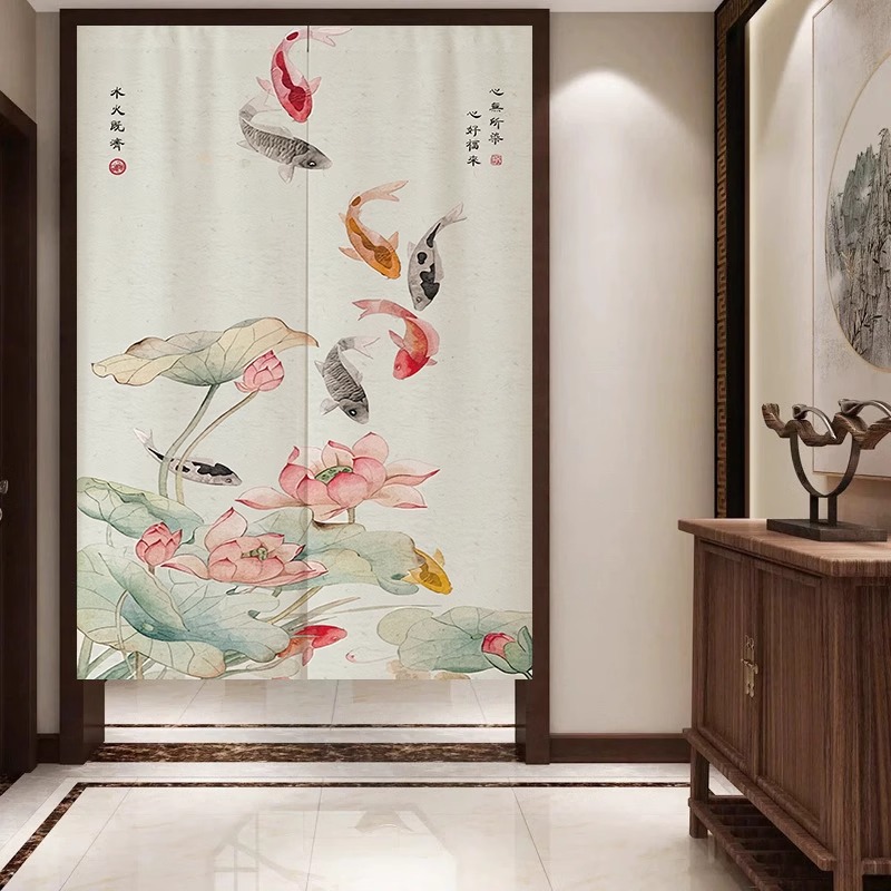 中式九鱼图荷花门帘入户玄关挂帘卧室半帘卫生间厕所遮挡隔断帘子