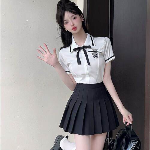 英伦学院风jk制服百褶短裙子套装女夏季短袖白衬衫工作服修身衬衣