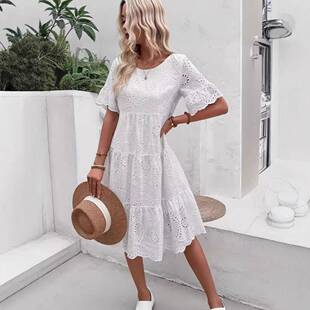 Women's Plain Eyelet Embroidery Dress, Elegant Round Neck