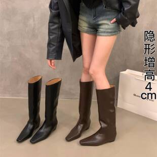 香港内增高尖头棕色美拉德中筒骑行靴女鞋2025新款夏季长筒长靴子