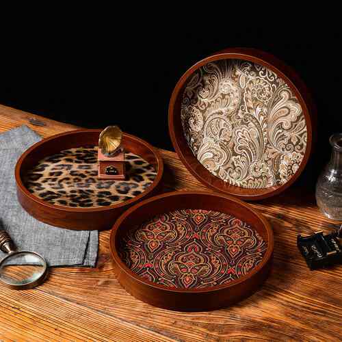 高档复古圆形托盘桌面茶盘玄关钥匙首饰木质收纳盘酒杯文玩展示盘