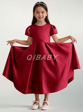 高档QIBABY款女六一表演主裙红色缎布主持礼公服童诗朗诵钢新琴演