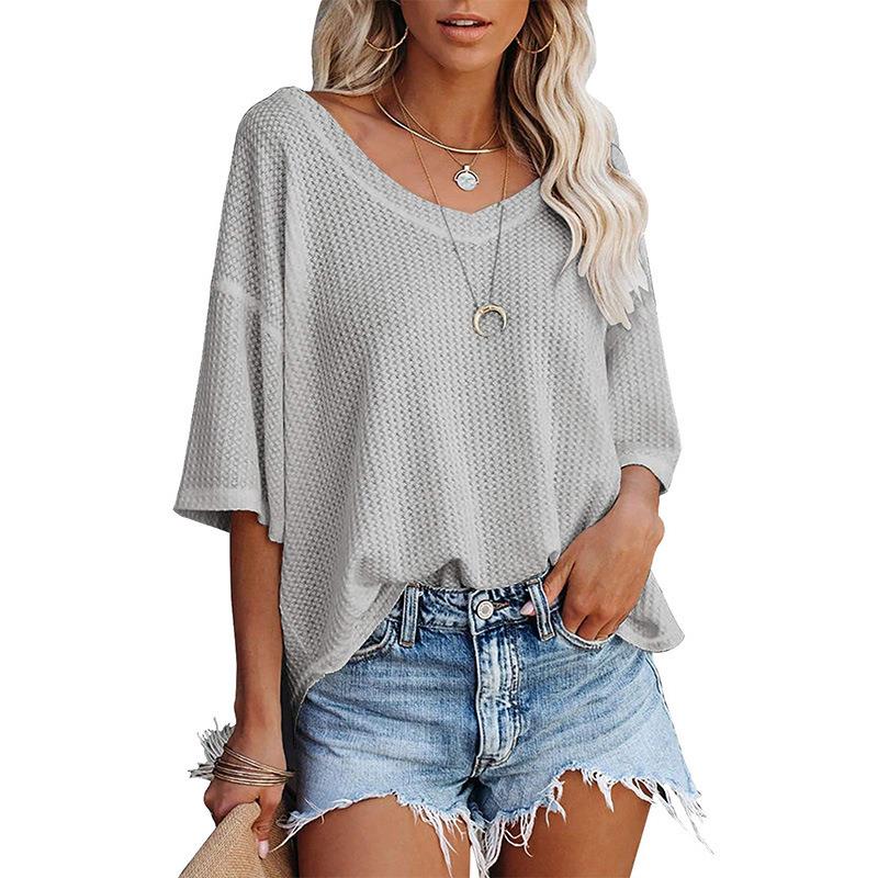 V-neck bat sleeve waffle knit loose solid color