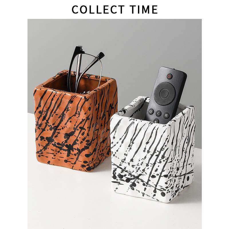 复古泼墨桌面陶瓷收纳盒办公室笔筒感化妆刷桶梳子眉笔筒创意