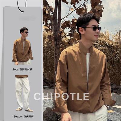 韩国CHIPOTLE老钱风假两件亚麻长袖衬衫男2026春季高级感痞帅一套
