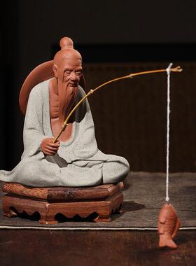 微景观摆件大号姜太公钓鱼渔翁老头陶瓷人物假山盆景造景鱼缸装饰