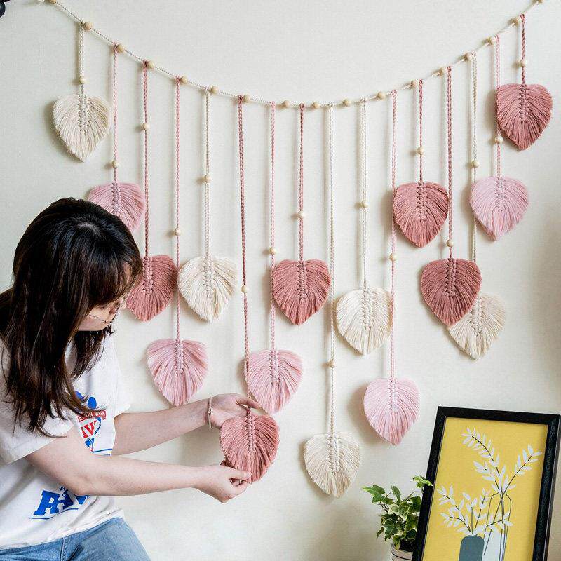北欧手工编织树叶挂毯装饰夹照片民宿卧室幼儿园儿童房背景墙壁饰