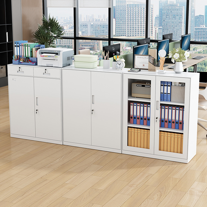 Q鑯2工厂直销办公文件柜铁皮矮柜带锁玻璃储物柜员工收纳柜家用落