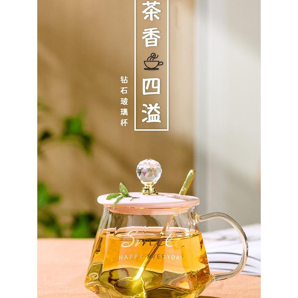 耐热玻璃杯子少女心马克杯家用办公室带把茶水杯牛奶咖啡杯带盖勺