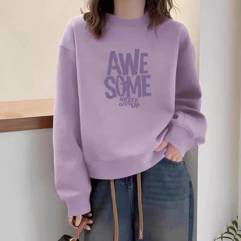专柜紫色纯棉圆领卫衣女2025新款秋冬小个子加绒加厚宽松休闲上衣