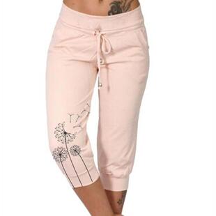Large size pants with printed high waisted lace up cropped