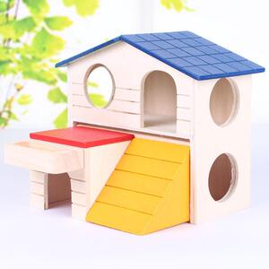 仓鼠用品玩具小宠物蓝顶双层窝屋房子别墅 实木小木屋非卡诺