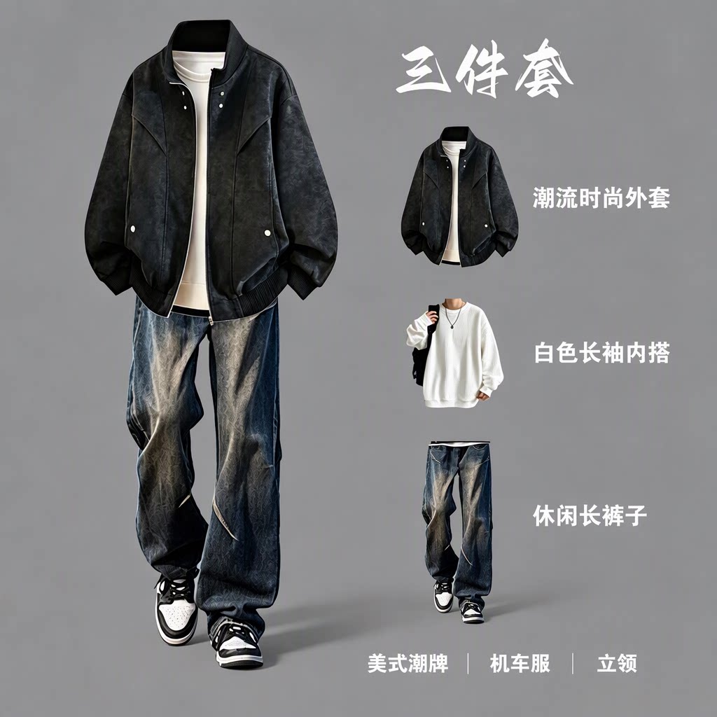 美式潮牌男士休闲套装春秋季机车服做旧立领夹克外套三件套牛仔裤
