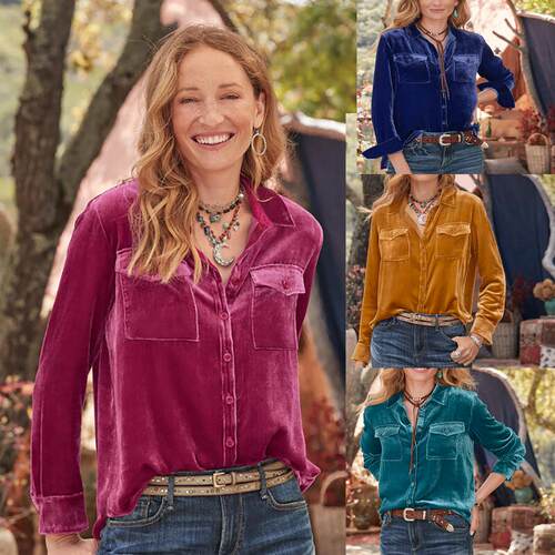 Women's outerwear, long sleeved top, gold velvet shirt,