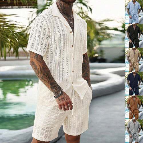 Effortless Mens 2 Outfit Vertical Herringbone Shirt Elastic