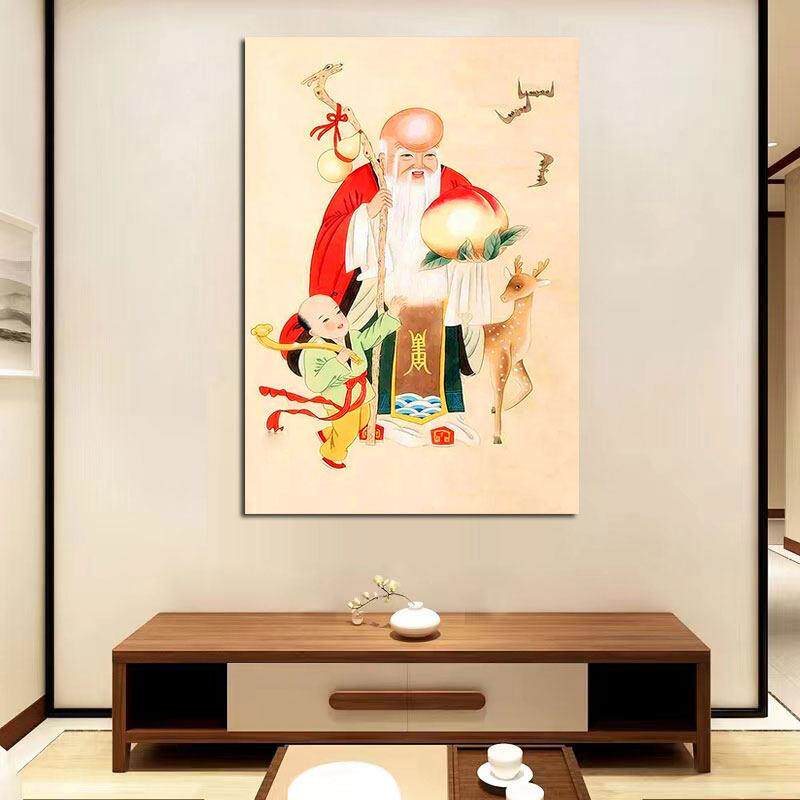 寿桃寿星麋鹿富贵长寿家居装饰挂画福禄寿实木挂轴装饰画好运祝寿