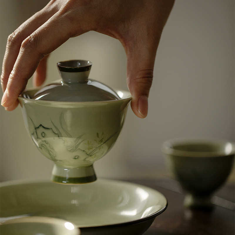 束刻 觅青釉下粉彩手绘幽兰高足盖碗功夫茶具茶碗手工不烫手