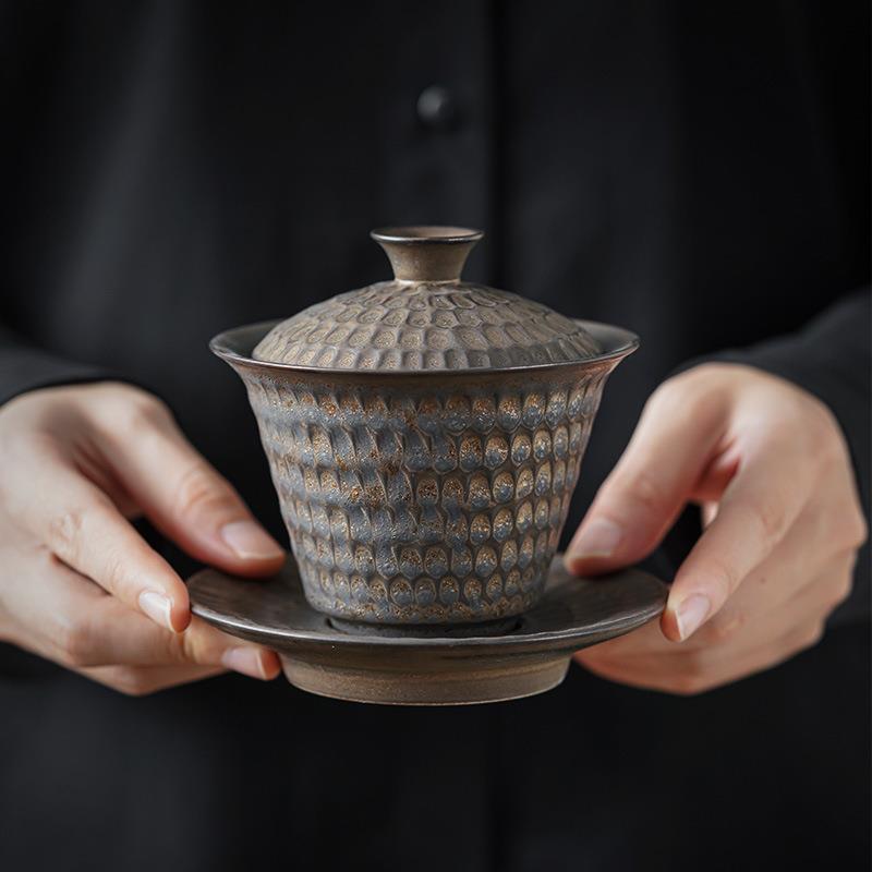 鎏金粗陶茶具套装整套功夫茶具陶瓷复古家用办公室简约盖碗茶壶杯