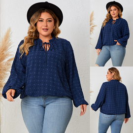 Plus Size Casual Loose Fit V-neck women blouse Pom Pom Top