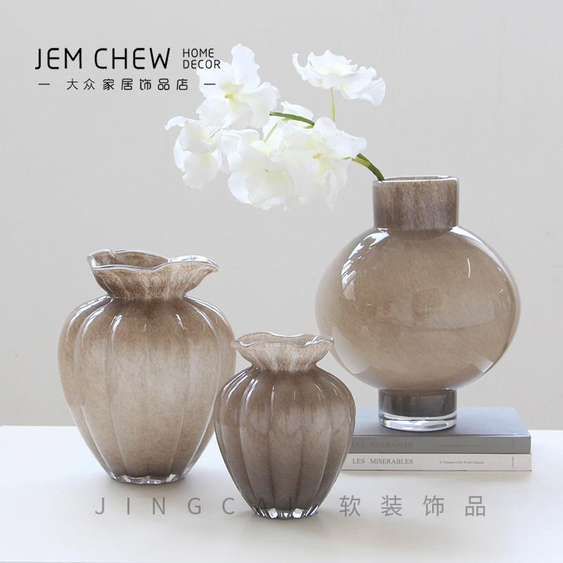 法式中古巧克力灰磁玻璃花瓶荷叶口高级感轻奢水培家居鲜花装饰品