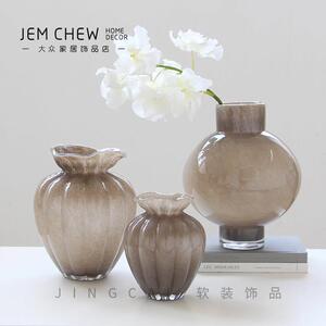 法式中古巧克力灰磁玻璃花瓶荷叶口高级感轻奢水培家居鲜花装饰品