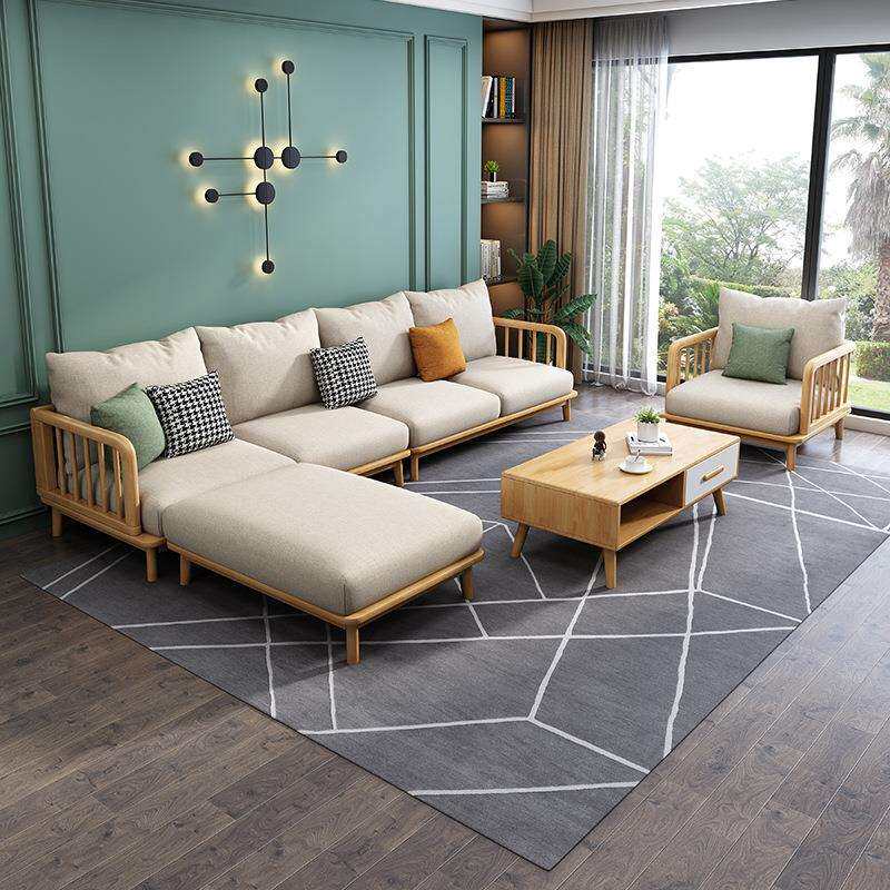 北欧实木沙发组合现代简约客厅布艺转角贵妃可拆洗冬夏两用沙发