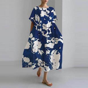 high end short Loose printed neck sleeved dress round