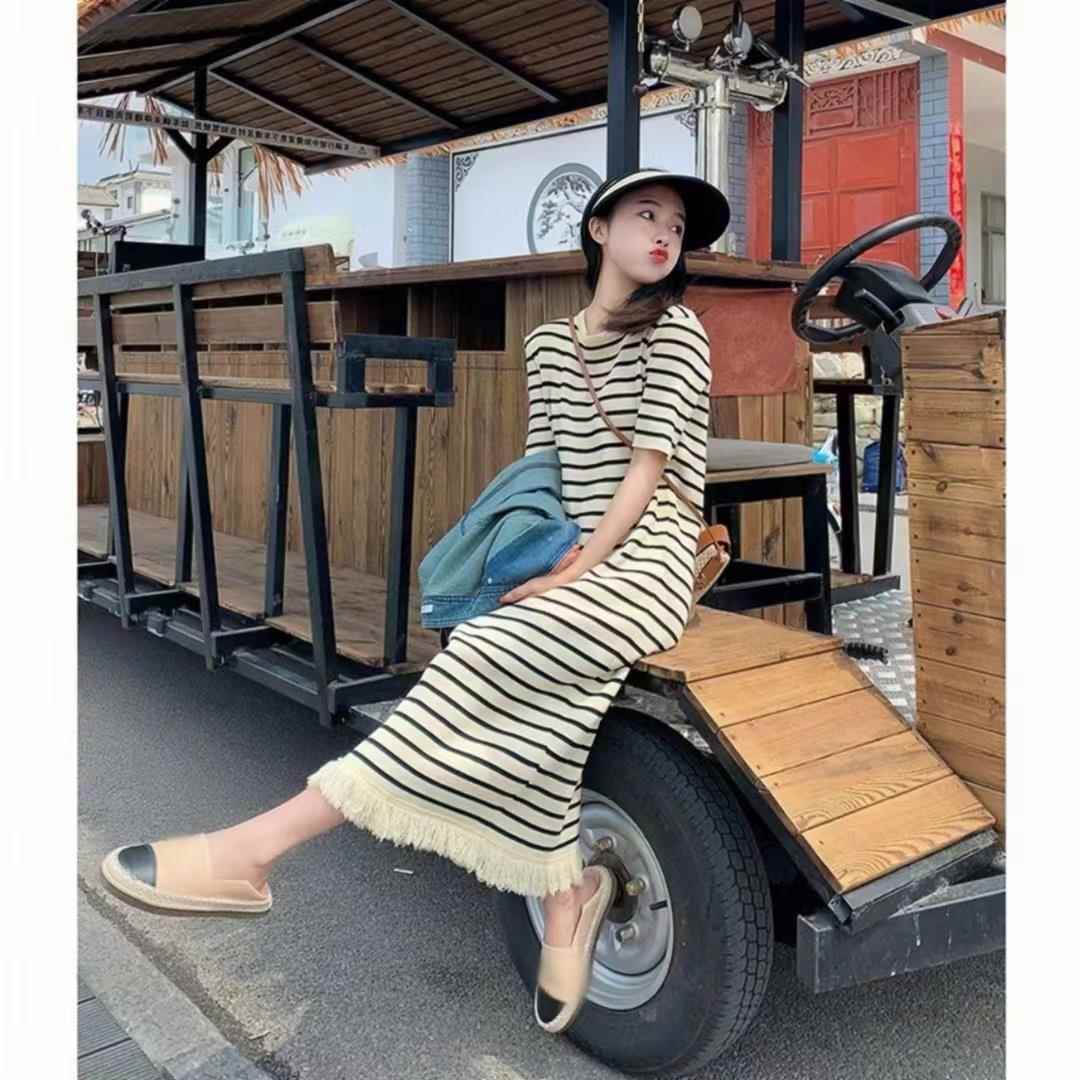 欧洲站2025新款法式流苏条纹针织洋装女夏季薄款别致漂亮长裙子