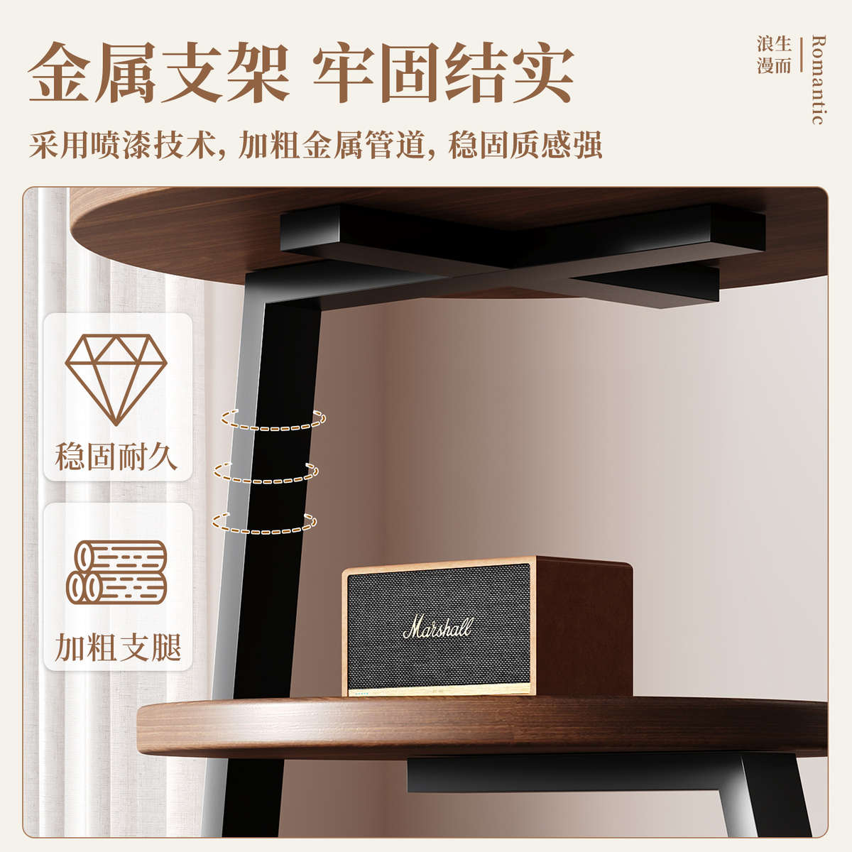 家用卧室小型出租房用小边几简易置物架柜子三层胡桃色铁艺床头柜