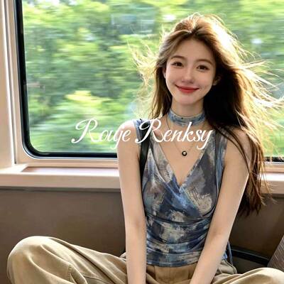 法国rouje renksy法式通勤晕染印花V领无袖T恤女夏设计感气质上衣