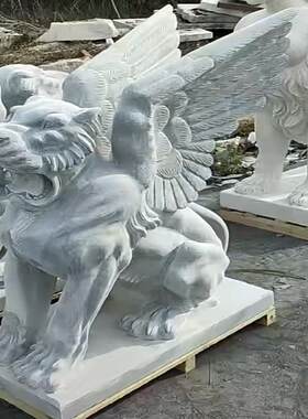 石雕仿真狮子一对带长翅膀盾牌飞狮欧式石雕石狮公司广场大型摆件
