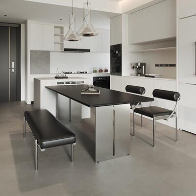 德利丰岩板不锈钢餐桌包豪斯家用餐厅饭桌极简长方形餐桌椅银武士