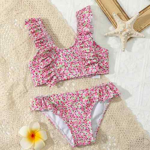 Lotus leaf edge floral children's split swimsuit, two sets