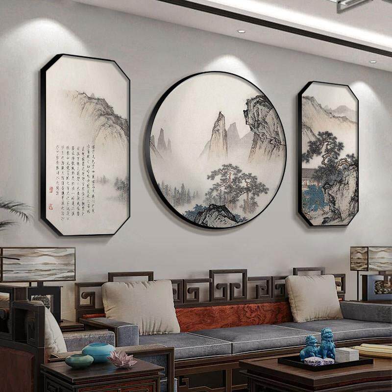 新中式客厅沙发背景墙装饰画 画书房茶室三联壁画 画办公室挂画