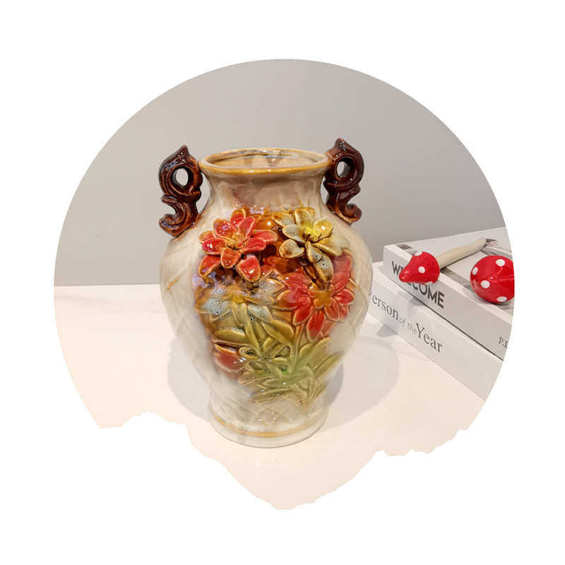 摆件立体工艺品小鸟手工花花瓶玫瑰花田园器浮雕陶瓷装饰新款釉面