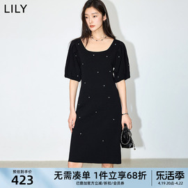 小黑裙LILY2024春女装气质通勤款复古百搭泡泡袖连衣裙女