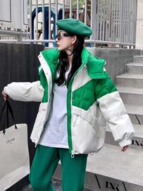2023冬季绿色白鸭绒(白鸭绒，)羽绒服女小个子韩版学生拼接撞色外套反季