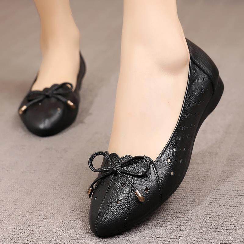 高档百春秋真皮底平单鞋女搭豆豆鞋女士皮鞋舒适妈底妈鞋防滑软休