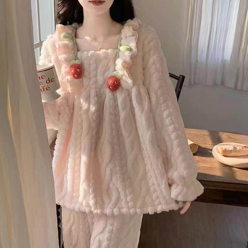 冬天加厚睡衣女长毛绒可爱甜美加绒保暖小香风学生家居服花边套装
